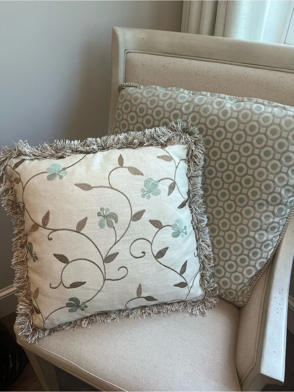 Decorative Cream Floral Throw Pillow with Fringe price for all 4!